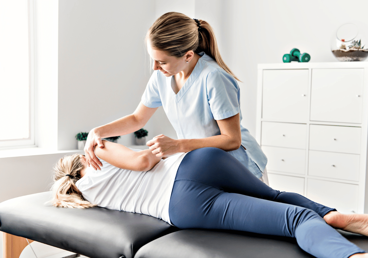 A physical therapist in light blue scrubs performs manual therapy on a patient's shoulder while the patient lies face-down on a treatment table in a bright, modern clinic room.