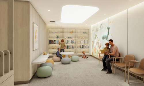 A modern children's library or reading room with built-in bookshelves, colorful bean bag seating, and families reading together in a bright, minimalist space with natural wood finishes and botanical wall art.