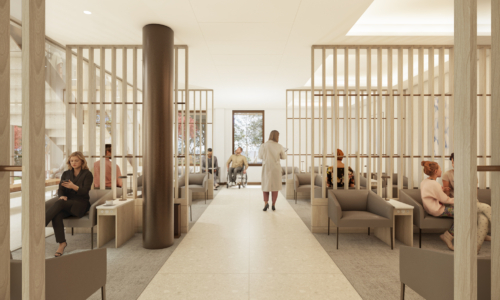 A modern healthcare waiting area featuring wooden slat dividers creating semi-private seating pods, with patients and medical staff in a bright, minimalist space with natural lighting from skylights above.