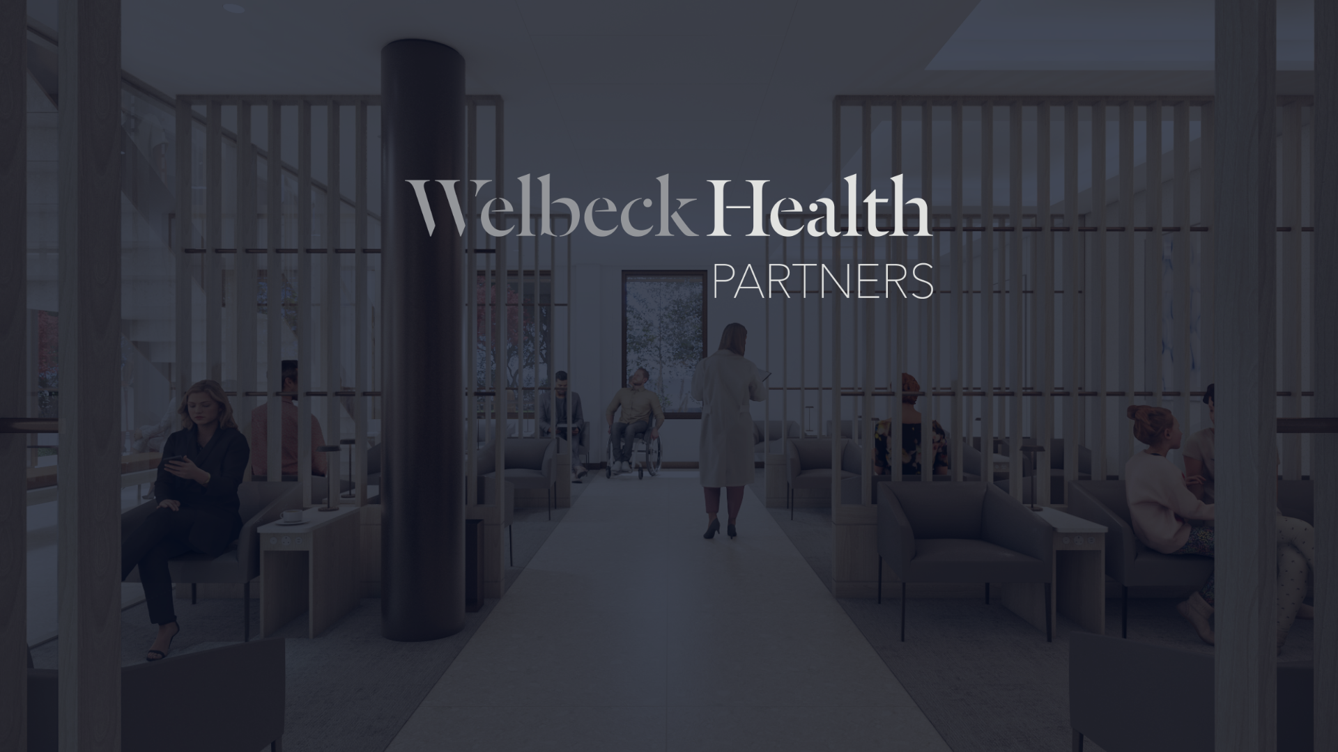 A modern, open healthcare facility interior with patients seated in a bright waiting area, featuring the Welbeck Health Partners logo prominently displayed in white text across the center of the image.