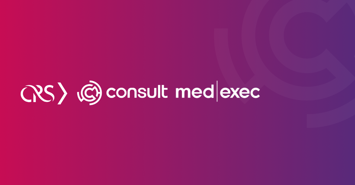 A gradient background transitioning from bright pink to deep purple displays white logos and text for CNS, consult, and med|exec arranged horizontally across the center.