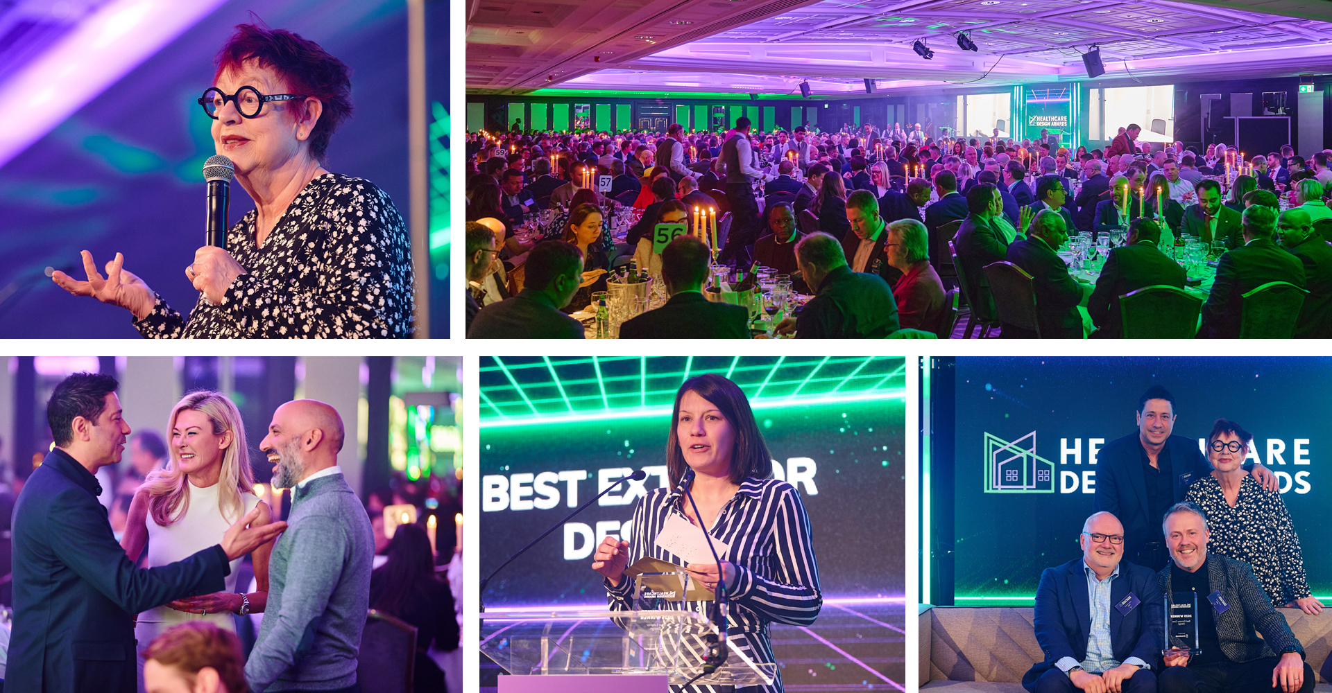 A collage of five photos from a corporate awards ceremony showing a female speaker with microphone addressing a large seated audience, groups of attendees networking and celebrating, an award recipient holding a trophy on stage, and team members posing together with awards.