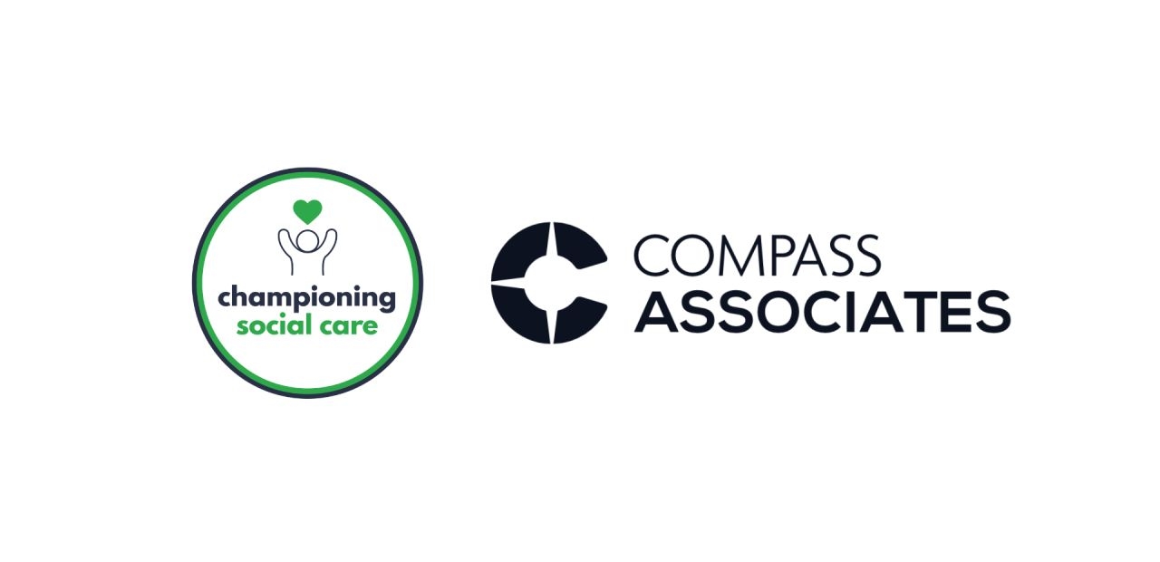 Two company logos side by side - a circular green logo reading "championing social care" with a heart and hands icon, and a black compass-style logo for "Compass Associates."
